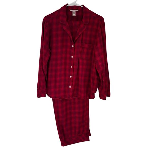 Victoria's Secret Red Christmas Plaid Button Down Pajamas 2 Piece Size Medium - Picture 1 of 9